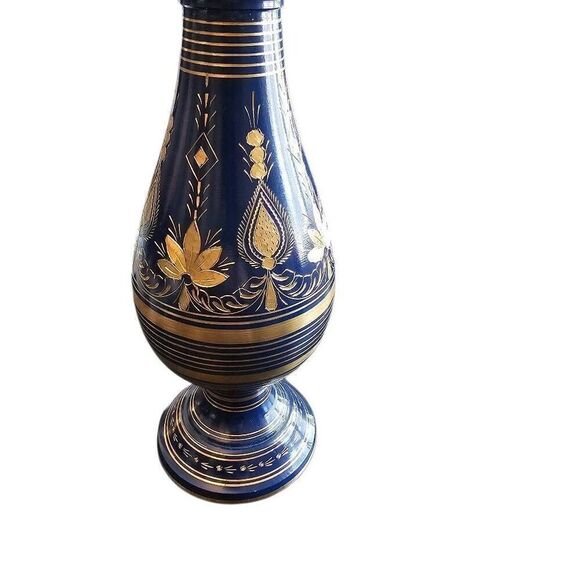 Vintage Brass Vase Damascene made in India Handcrafted Blue and Eteched Gold. Or - Picture 7 of 11